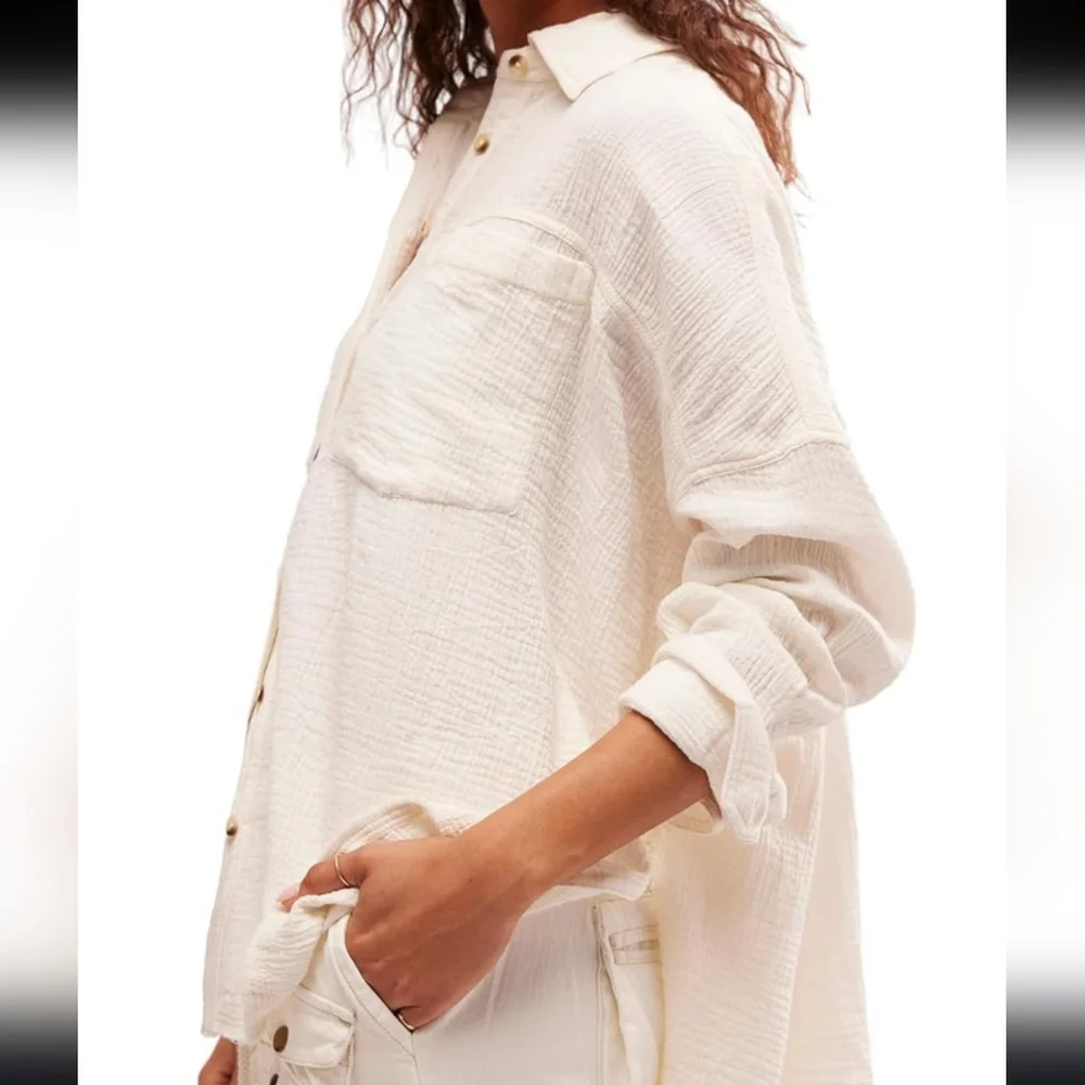 NWT XS FREE PEOPLE Women's Cardiff Cotton Long-Sleeve Shirt Tiny Stain See Above - Picture 2 of 4